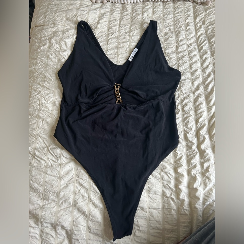 Zara Black One-Piece Body Suit with Gold Chain Detail